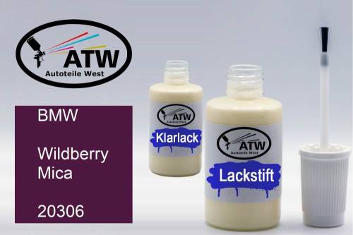 BMW, Wildberry Mica, 20306: 20ml Lackstift + 20ml Klarlack - Set, von ATW Autoteile West.